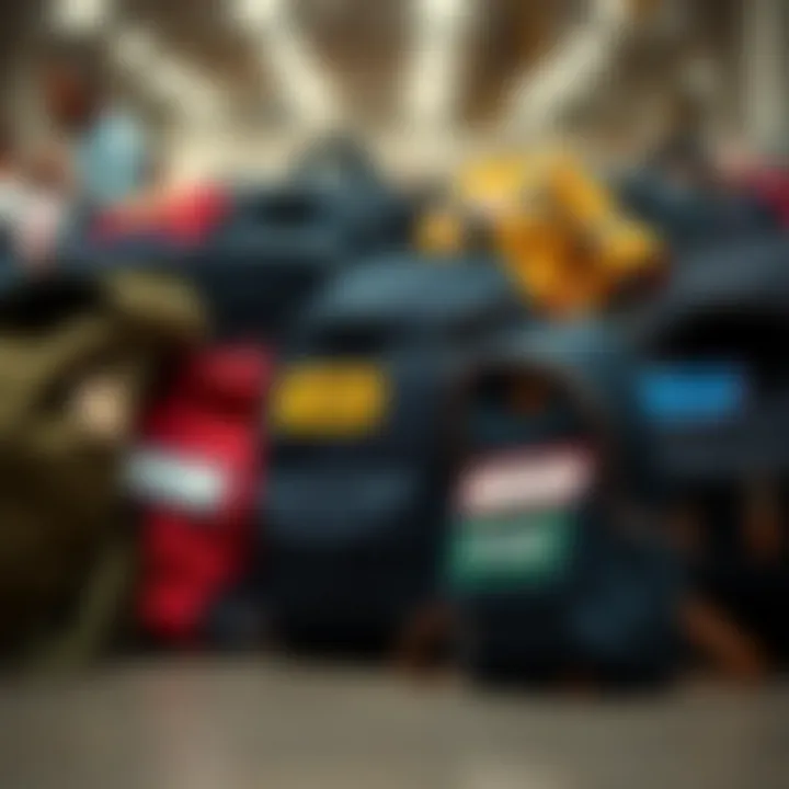 Colorful personalized name tags displayed on various backpacks