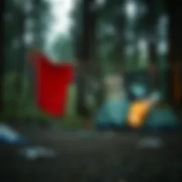 Innovative portable clothes line setup in a forest campsite