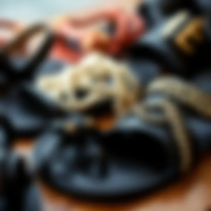 Close-up of diverse materials used in black flat sandals.