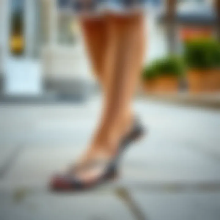 Stylish black flat sandals paired with a summer dress.