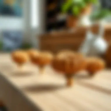 Elegant rattan knobs displayed on a wooden surface