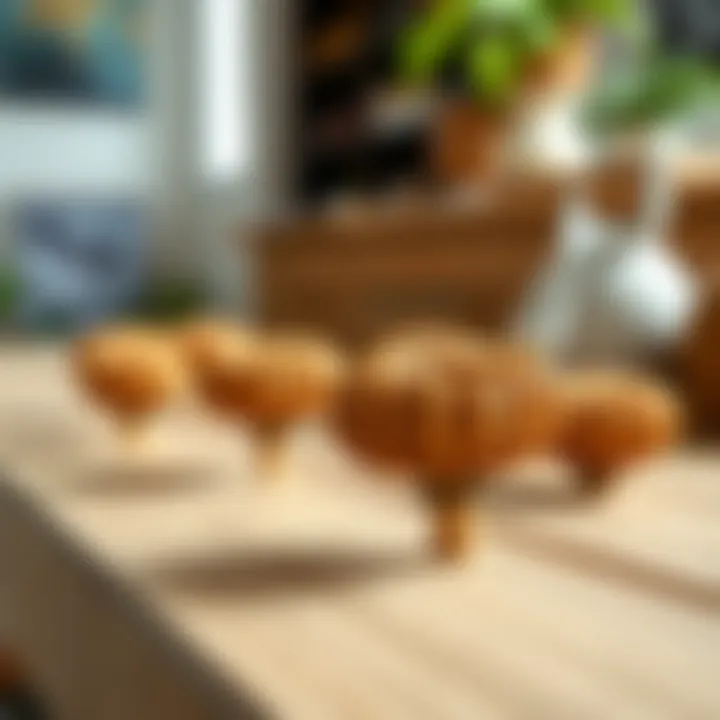 Elegant rattan knobs displayed on a wooden surface