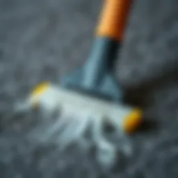 Close-up of a rubber squeegee efficiently gathering pet hair from a textured surface