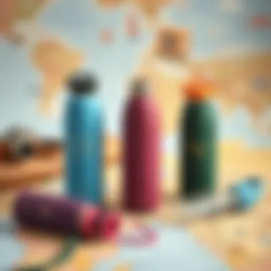 Stylish silicone travel bottles arranged on a travel-themed background