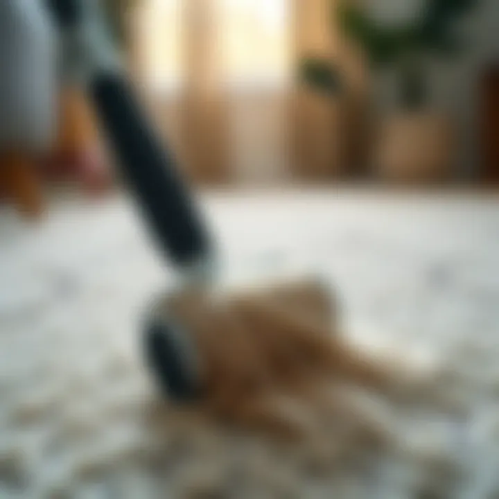 Close-up of a sticky roller lifting pet hair from a carpet