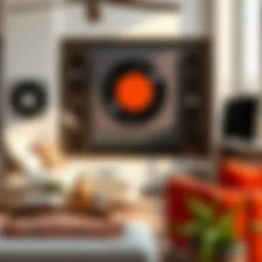 Faux Vinyl Records in Modern Living Room A stylish living room featuring faux vinyl records integrated into decor