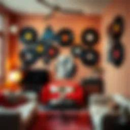 A retro-themed room adorned with faux vinyl records as wall art