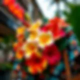 Vibrant faux Hawaiian floral arrangement displayed on a stylish outfit