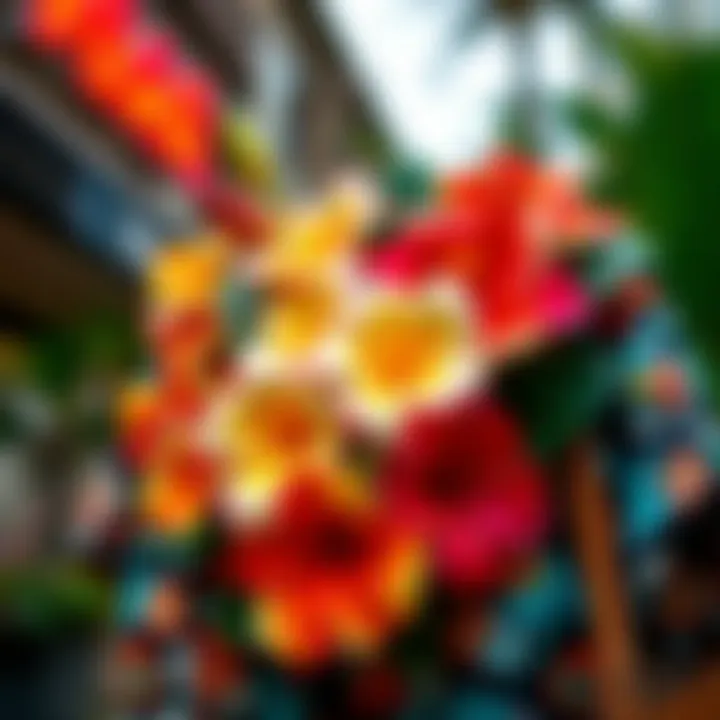 Stylish Integration of Faux Hawaiian Flowers Vibrant faux Hawaiian floral arrangement displayed on a stylish outfit