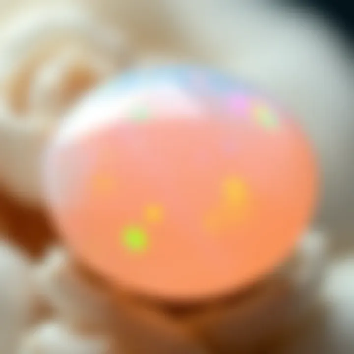Close-up view of an opal gemstone showcasing its iridescent colors