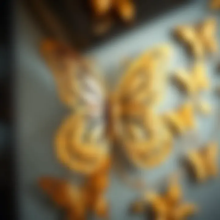 Close-up of intricately designed gold butterfly wall art