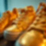 Close-up of gold sparkly sneakers showcasing intricate design details