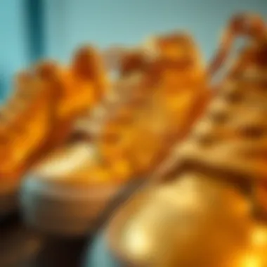Close-up of gold sparkly sneakers showcasing intricate design details