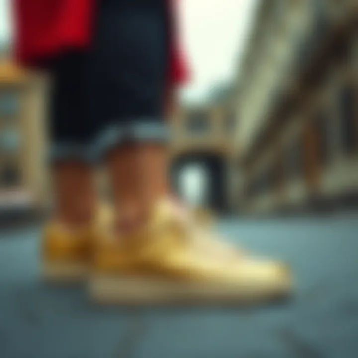 Diverse outfit combinations featuring gold sparkly sneakers