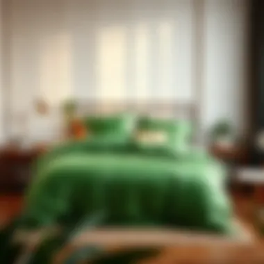 Stylish bedroom featuring a green satin duvet cover in a modern setting