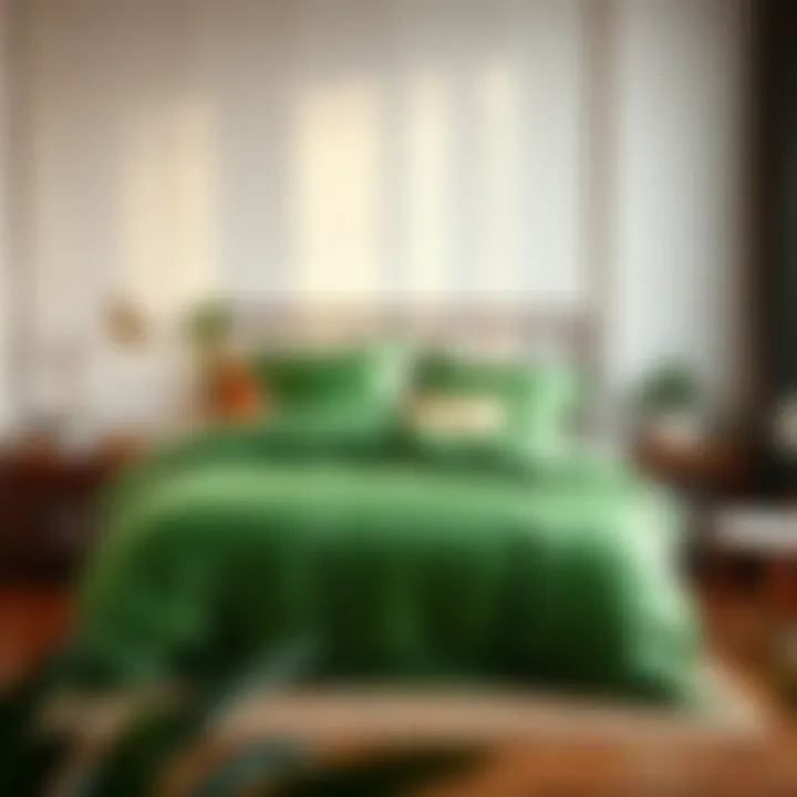 Stylish bedroom featuring a green satin duvet cover in a modern setting