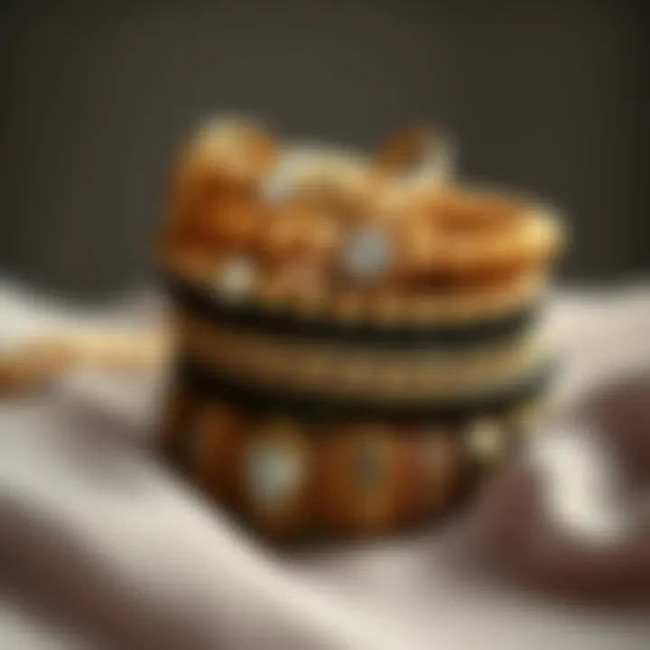 Artistic arrangement of layered bracelets with unique textures