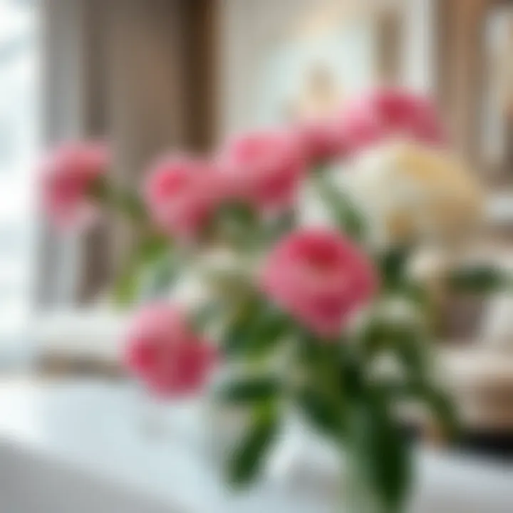 Elegant arrangement of peony faux flowers in a modern living room setting