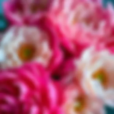 Close-up of vibrant peony faux flowers showcasing intricate details and textures