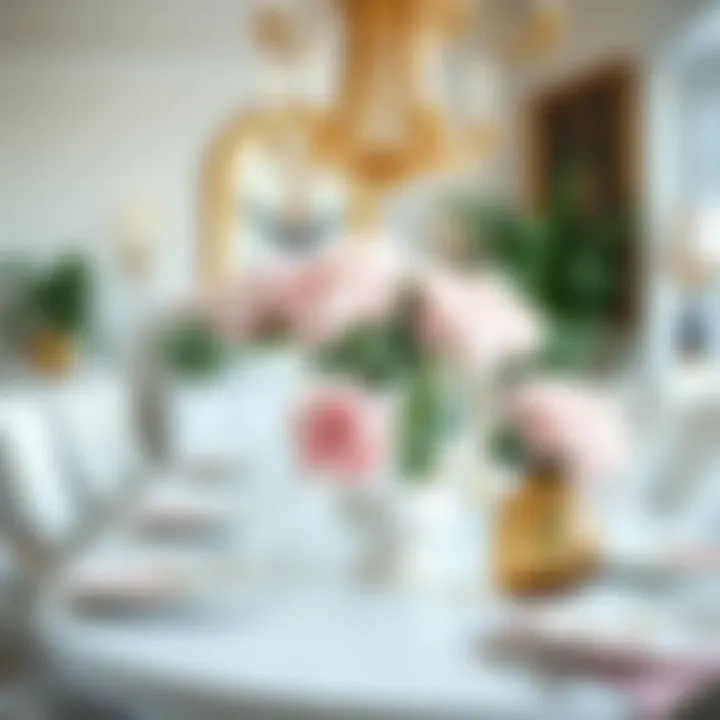 Stylish table centerpiece featuring peony faux flowers in an airy dining space