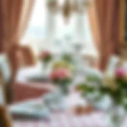 A beautifully set dining table adorned with a pink buffalo check tablecloth, showcasing elegant tableware and floral arrangements.