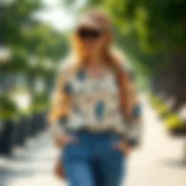 A bird print blouse styled for a casual outing, paired with denim