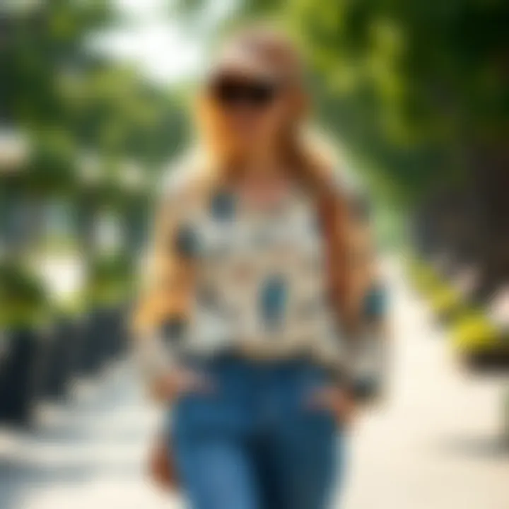 A bird print blouse styled for a casual outing, paired with denim