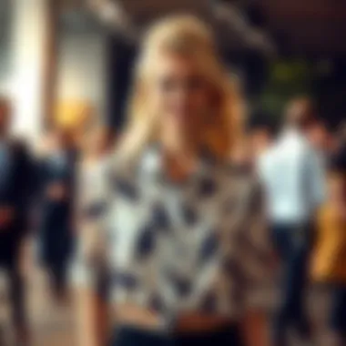 A model confidently wearing a bird print blouse at a fashion event