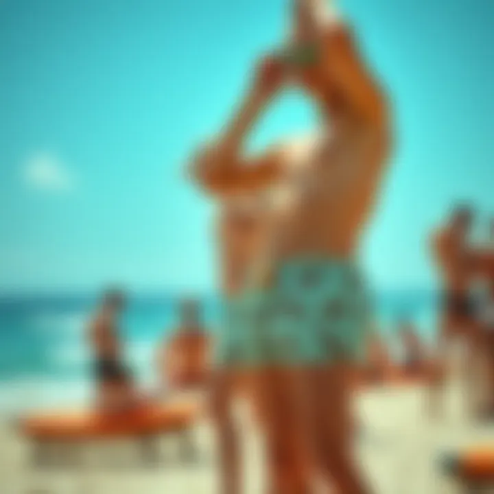 A vibrant beach scene featuring individuals wearing humorous swim shorts