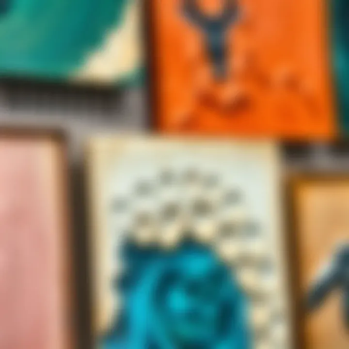 Close-up of art pieces displaying texture and color harmony