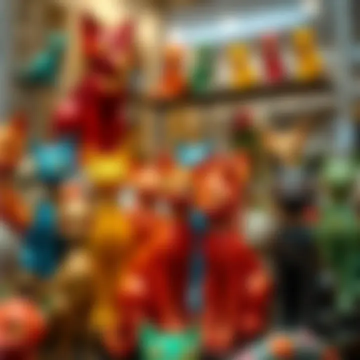 Artistic display of colorful cat-themed metal sculptures