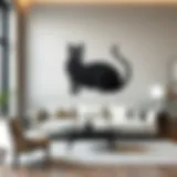 Elegant cat metal wall art in a modern living room setting