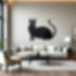 Elegant cat metal wall art in a modern living room setting