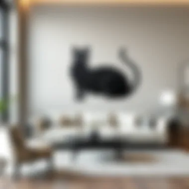 Elegant cat metal wall art in a modern living room setting
