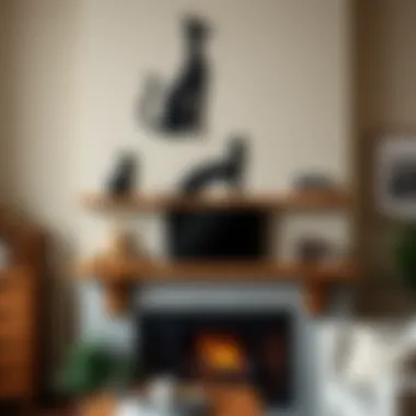 Stylish installation of cat metal art above a cozy fireplace