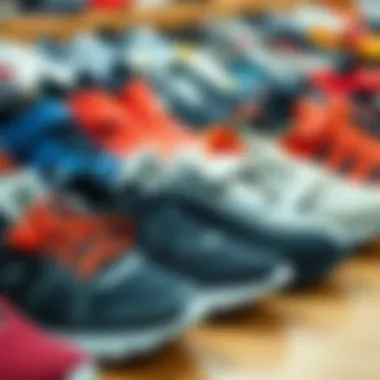 Various styles of water sports shoes lined up for selection