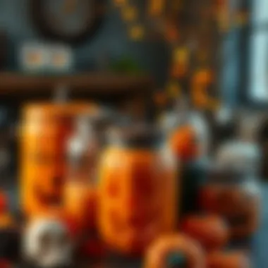 Diverse Canisters Enhancing Seasonal Decor A variety of Halloween canisters in seasonal decor setup