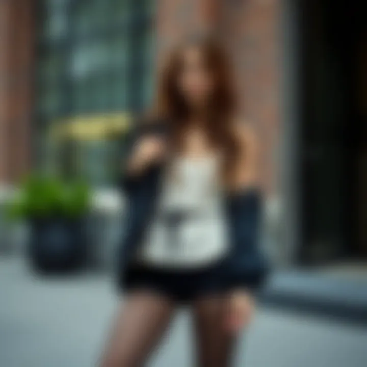 An elegant display of various outfits paired with black fishnet leggings