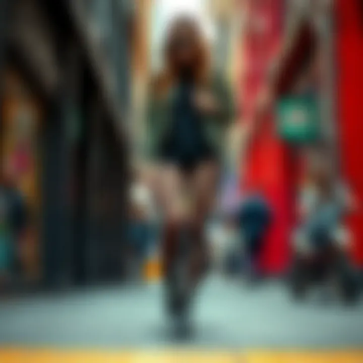 A stylishly dressed individual wearing black fishnet leggings in a vibrant urban setting