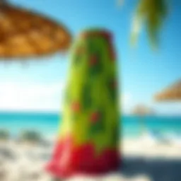 A vibrant maxi sarong skirt displayed in a sunny beach setting