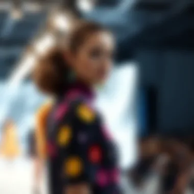 A designer showcasing a clothing piece with vibrant appliques at a fashion show