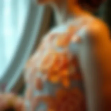 An intricate floral applique design on a modern dress