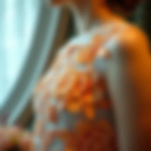 An intricate floral applique design on a modern dress