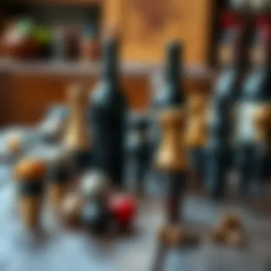 Assorted types of wine bottle stoppers displayed artistically on a wooden table