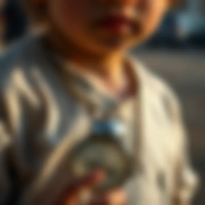 A reflective scene of a child wearing a necklace, symbolizing personal identity and memories.