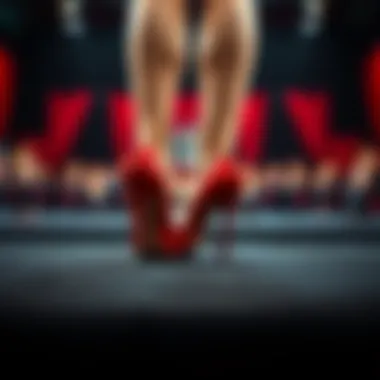 Close-up of red heels on a graduation stage