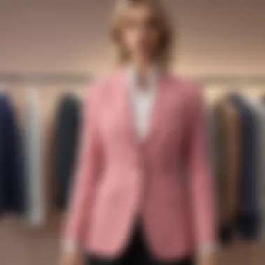 A stylish blazer on a mannequin, highlighting its tailored cut and modern design elements.