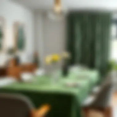 Modern decor featuring green leaf tablecloth in a cozy dining space