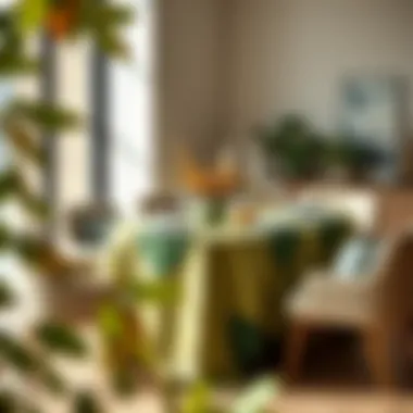 Stylish dining table adorned with green leaf tablecloth and seasonal elements