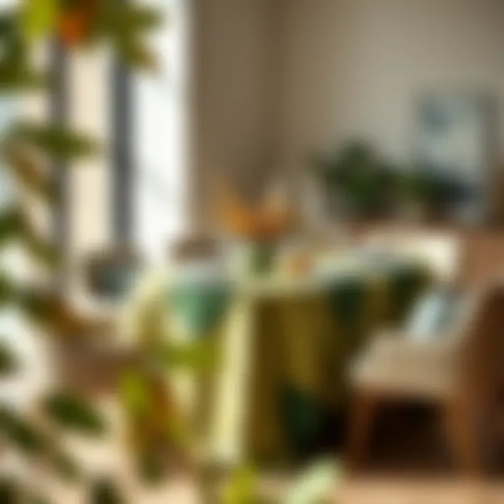 Stylish dining table adorned with green leaf tablecloth and seasonal elements